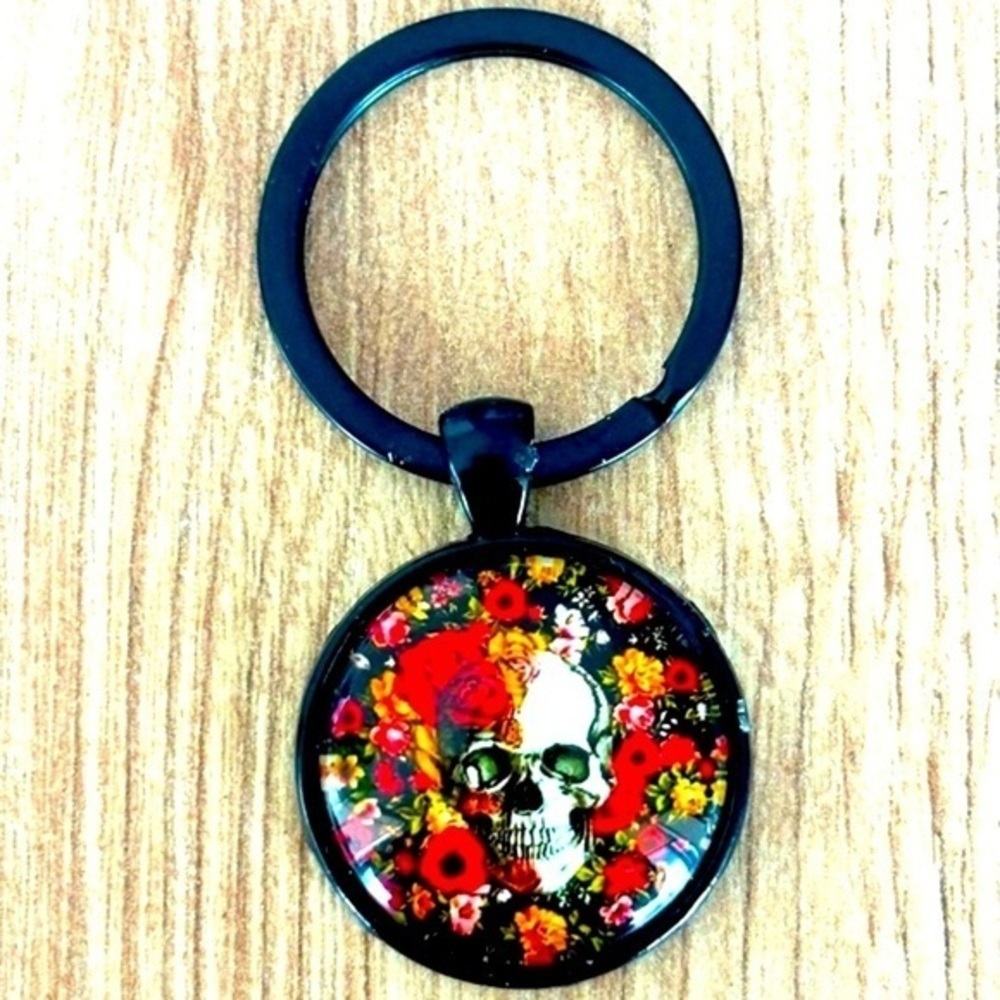 Skull and Flowers Keychain, Handmade, NWT
